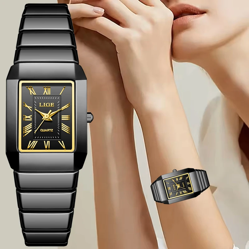 LIGE Simple Square Black Ceramic Watch Women Fashion Elegant Ladies Quartz Wristwatch Outdoor Sports Waterproof Clock Femme Gift