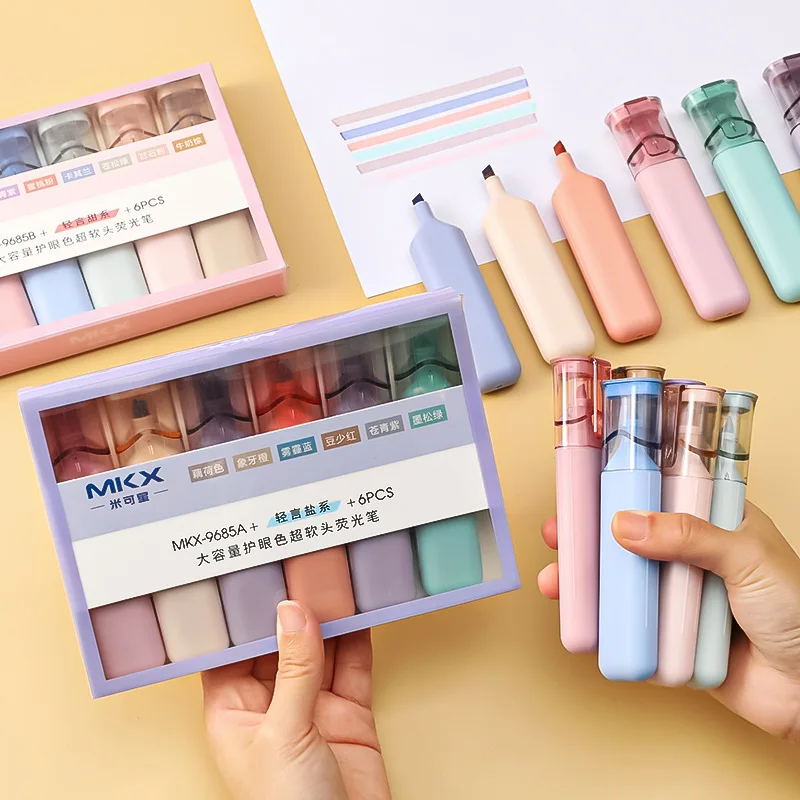 6pcs Morandi Color Highlighter Markers Japanese Stationery Highlighter Pens Set for Drawing
