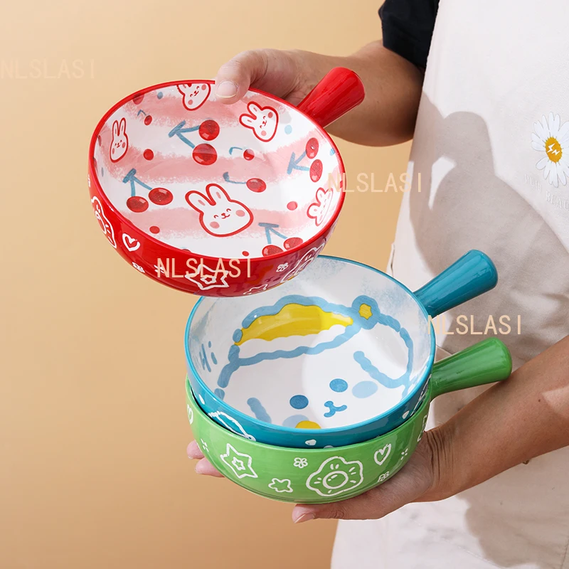 1pcs Oven Specific Ceramic Baking Bowl Household Fruit Salad Bowl with Handle Cartoon Single Handle Noodle Tableware Plate