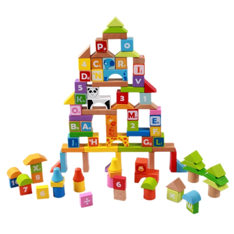Wooden Building Blocks Set 110 Pieces Child Stacking Block Alphabet Letters, Counting & Shape
