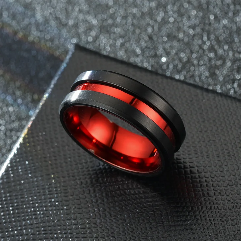 8mm Red Groove Beveled Edge Black Stainless Steel Rings for Men Brushed Tungsten Knuckle Ring Boyfriend Punk Jewelry Unique Gift