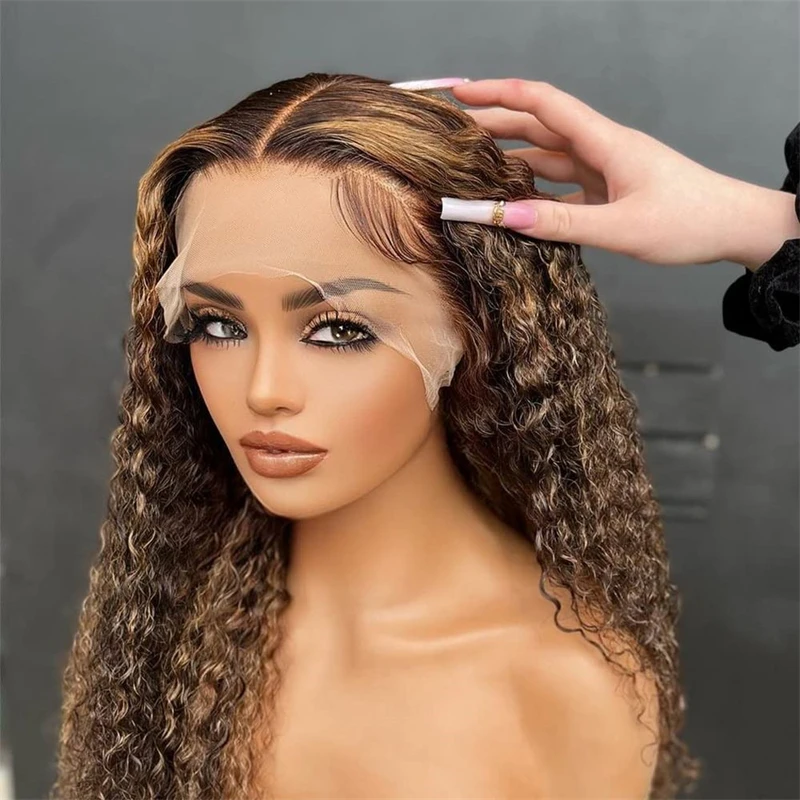 

Ombre Blonde Highlight Kinky Curly European Human Hair Wig Transparent HD Lace Jewish Wig Loose Curly Lace Front Wig For Women