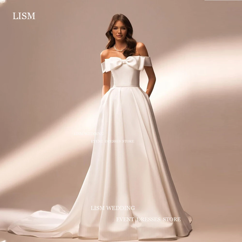 

LISM Graceful Bow Off Shoulder Wedding Dress Satin A Line Bridal Gown Court Train Robe De Mariage Customer Made