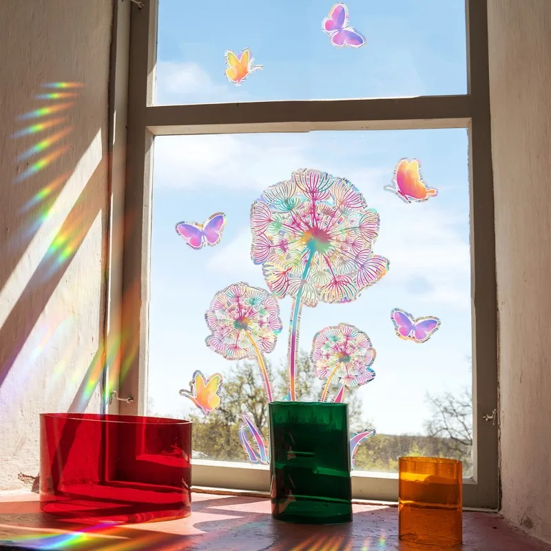 New Rainbow Dandelion Daisy Butterfly Lotus Mermaid Sunlight Double Sided Static Window Stickers for Home Decoration