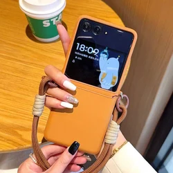 Stylish Solid Brown Leather Rope Phone Case - Korean Cute Design, Shockproof Back Cover for Razr 50 (With Lanyard A)
