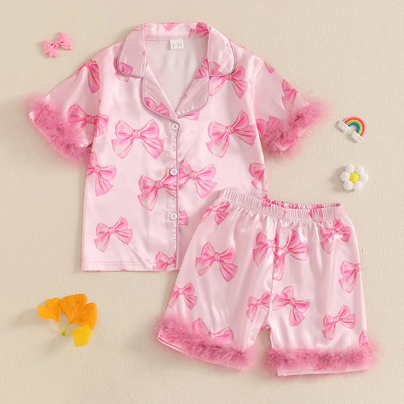 Children s Girls Summer Pajama Set with Cute Bow Print Short Sleeve Shirt and Elastic Waist Shorts - 2 Piece Lounge Suit 3