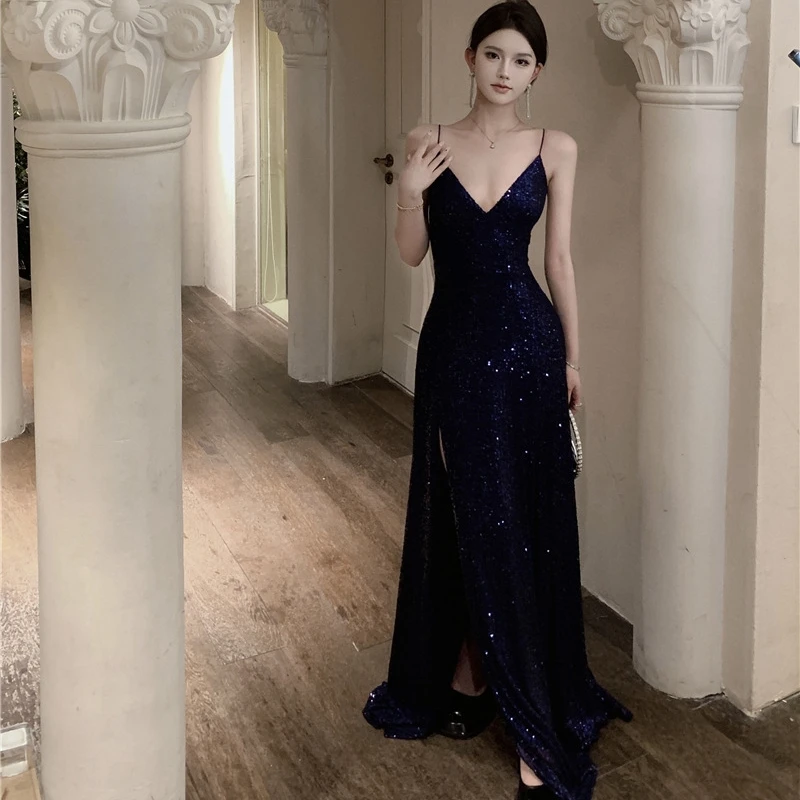 

Women's Backless V-Neck Split Maxi Dress Sexy Slim Evening Gown Luxury Dresses Fashion Robe Birthday Party Vestidos Para Mujer
