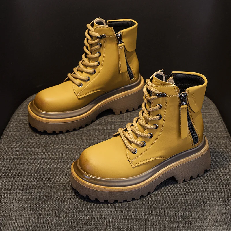 Womens Martin Boots Leather British Style Autumn and Winter Retro Thick Black Cowboy Boots Women Shoes