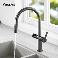 Light luxury gun gray brass kitchen faucet digital display induction design single handle cold & hot dual l 2 function sink Tap 1