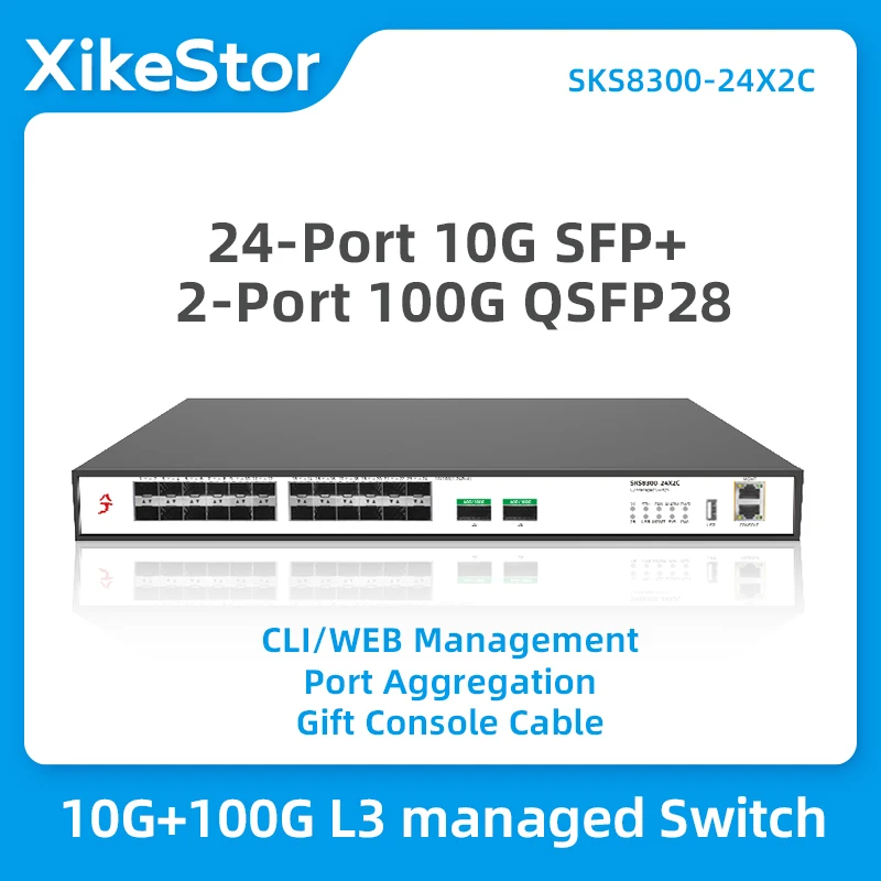 

XikeStor 10G/100G All SFP+ L3 Managed Switch 24-Port 10G SFP+ 2-Port 100G QSFP28 Ethernet Switch VLAN Port Aggregation WEB/CLI