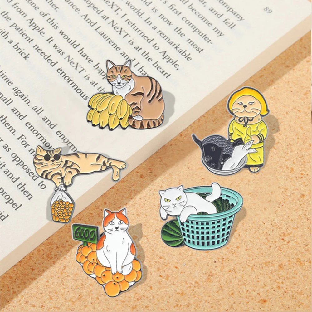 

Funny Street Stall Cats Enamel Pins Custom Fish Fruits Cool Kitten Vendor Brooch Lapel Shirt Bag Badge Cartoon Jewelry Gift