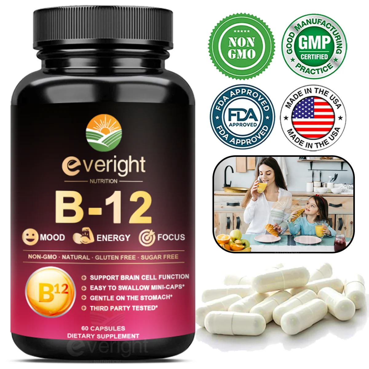 Vitamina B12 bioactiva-5000 mcg, contiene metilo B12, Adenosyl B12 e hidroxi B12 | Apoya la energía, el metabolismo y el estado de ánimo, sin GMO