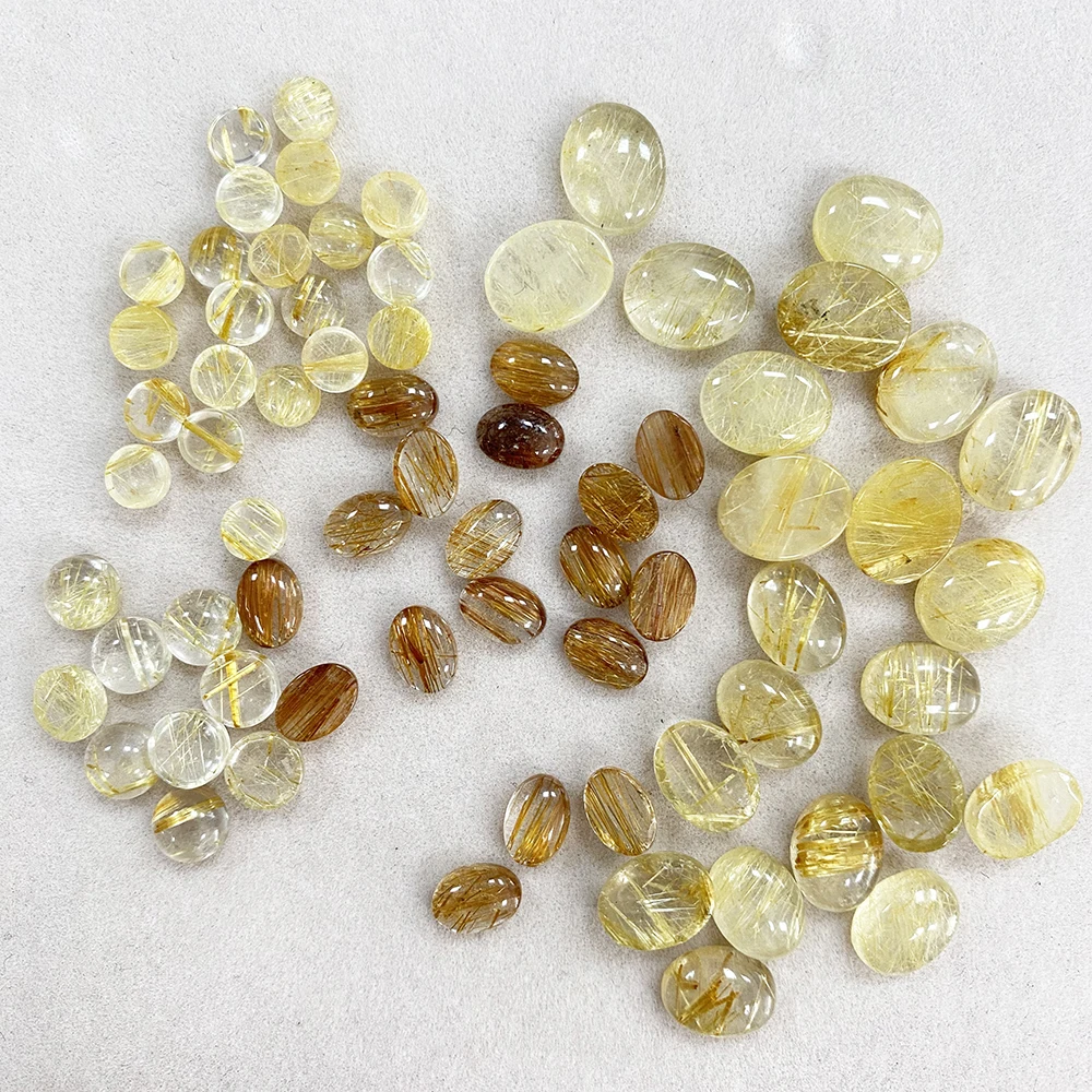 Factory Natural Rutilated Quartz Oval Cabochons Golden Needle Gemstone for Earring Ring Jewelry Making