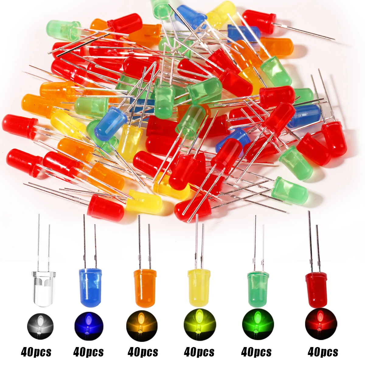 LED Light Kit 5mm LED Diodes Assortment F5 White Green Red Blue Yellow Orange