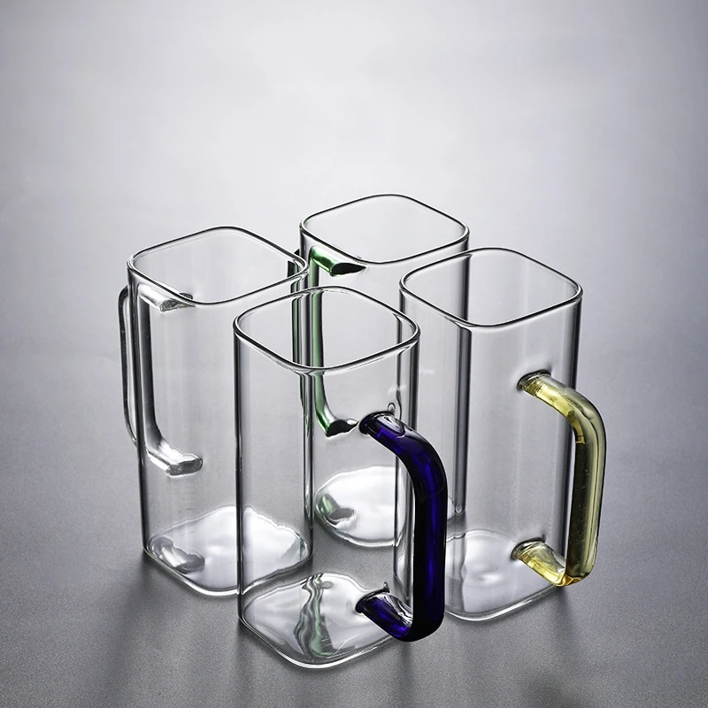 Square Glass Mug 400ml Square Glass Mug With Lid and Straw Breakfast Milk Cup Microwave Safe Transparent Party Beer Coffee Mug Drinkware Glass