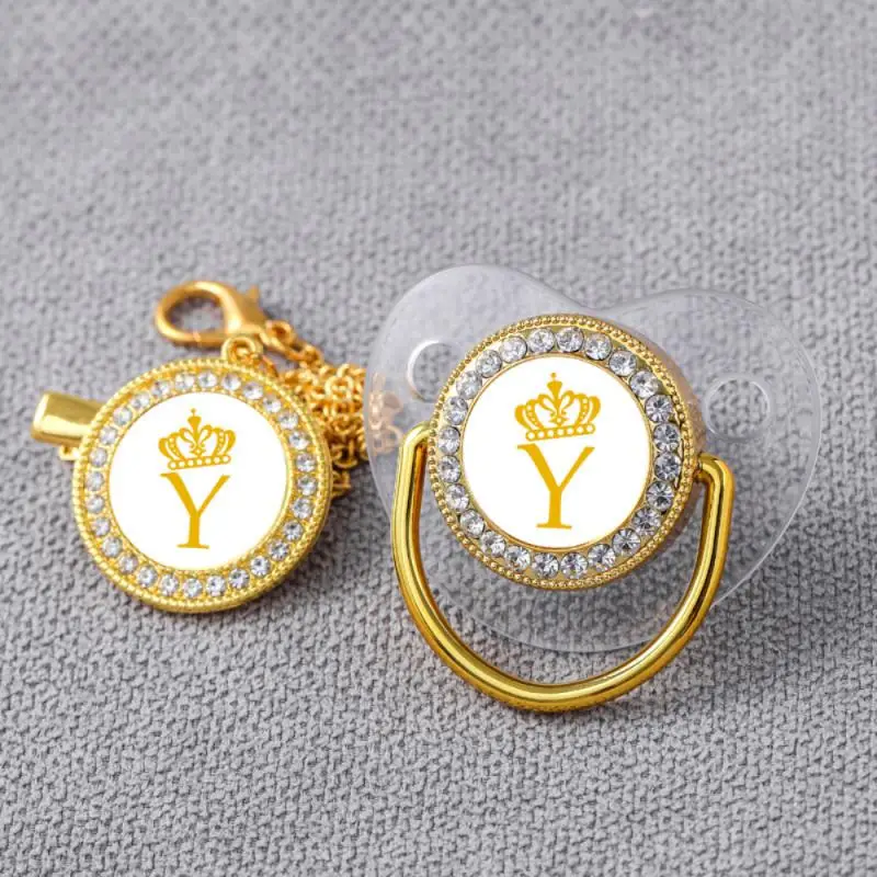 26 name initial letter baby pacifier gold imperial crown pacifier clips BPA free silicone infant nipple newborn dummy soother silicone pacifier