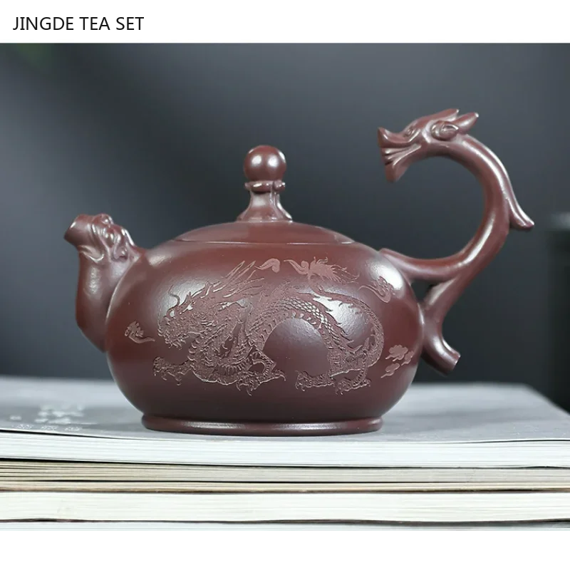 1PC 250ml traditional Yixing purple clay tea pot hand-carved dragon pattern tea infuser home boutique filter zisha teapot