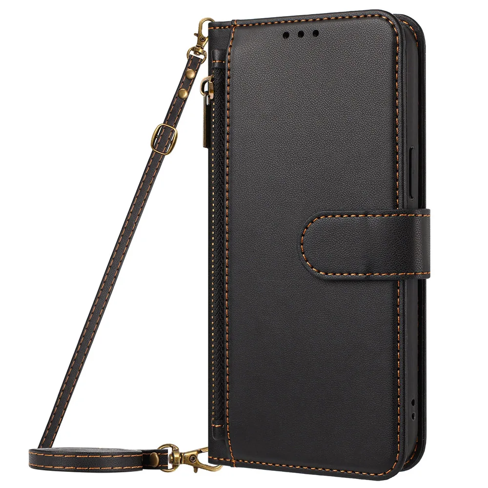 Leather Wallet Crossbody Phone Case with Lanyard Strap and Zipper