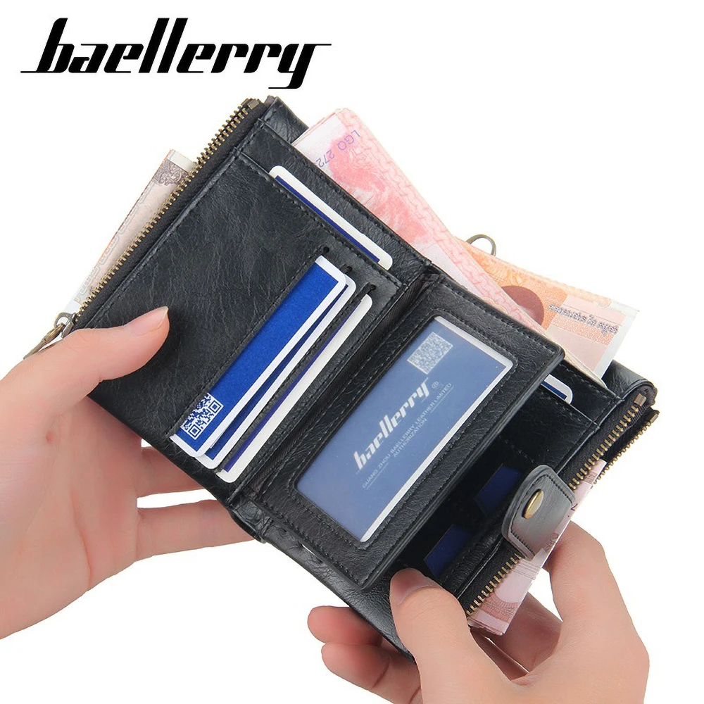 Compact Anti-Theft Wallet for Men PU Leather Zipper Multi-Slots ID Window Business Card Organizer Gift