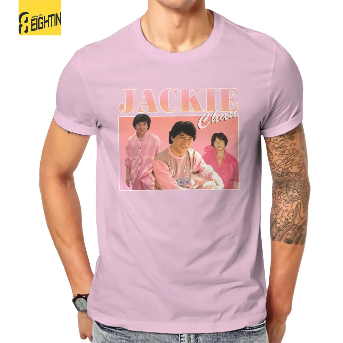 Jackie Chan Pink Classic T-Shirts for Men Leisure Pure Cotton Tees