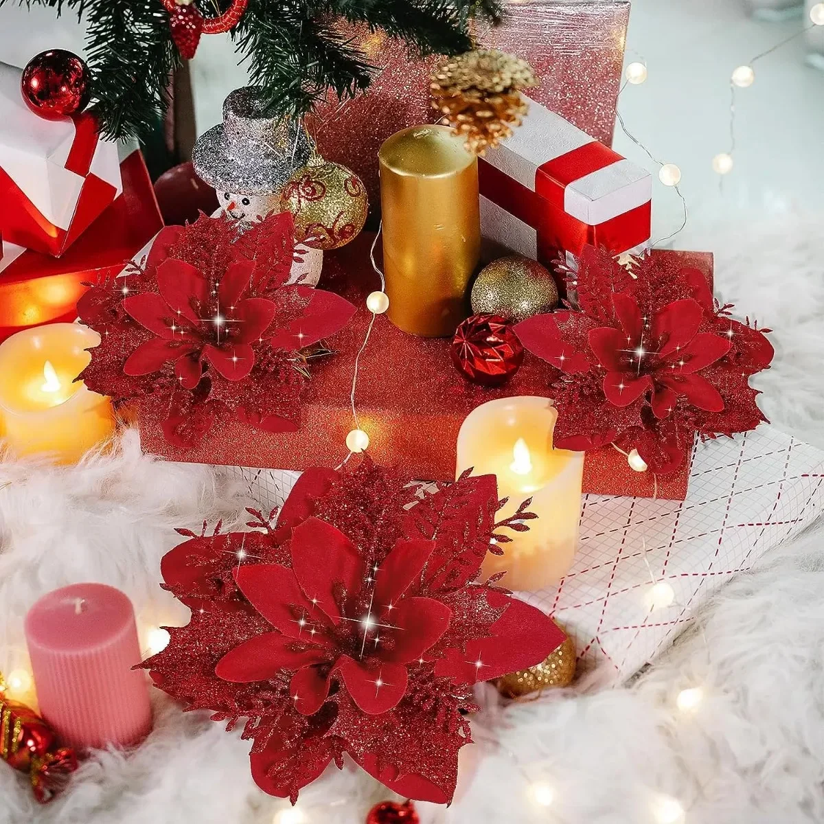 Christmas Decorations 10/1pcs 15cm Glitter Christmas Flowers Artificial Poinsettia Flower Head Xmas Tree Ornament