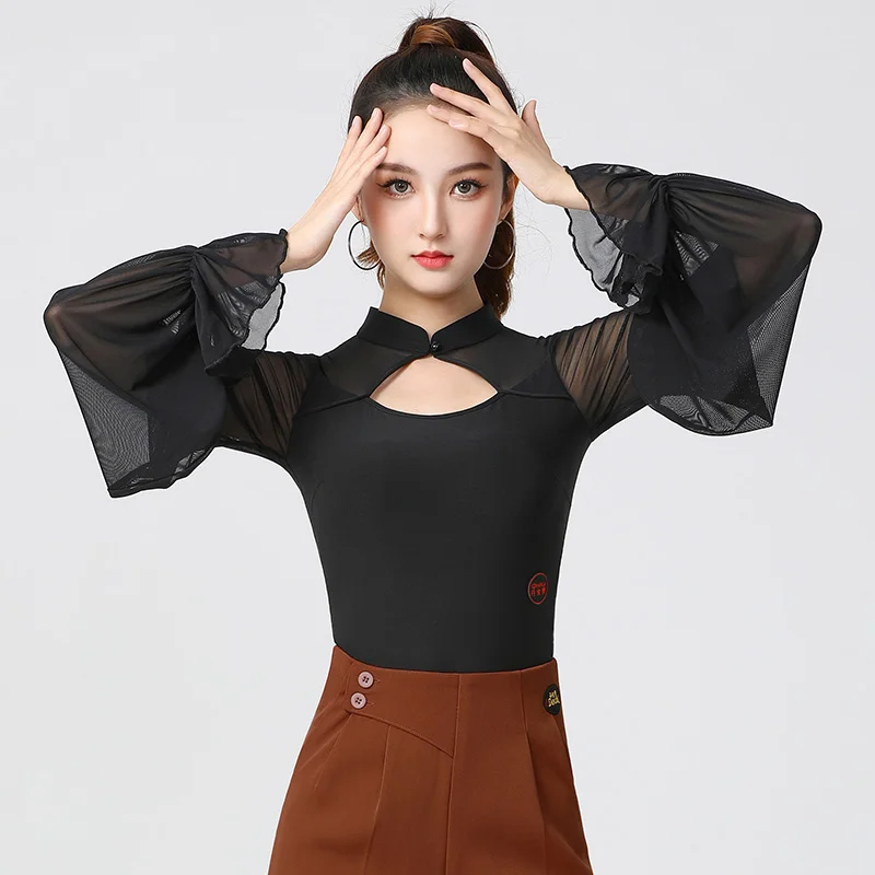 

Женская одежда для бальных танцев, топы для латиноамериканских танцев с воротником-стойкой и рукавами-фонариками на одной пуговице, танцевальная одежда для взрослых, DN14252