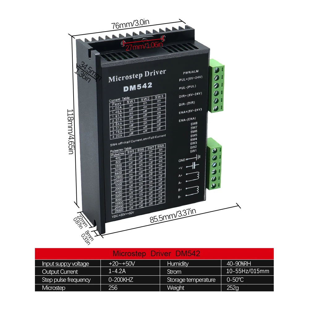 Stepper Motor Driver Microstep DM542 DM556 Suitable for 42 57 Stepper Motor Nema17 Nema23 Supply Voltage 20-50V DC 1-5.6A