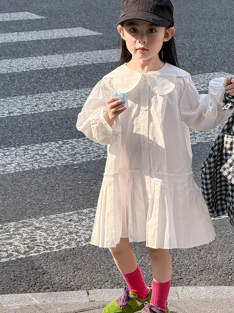 2025 Autumn New Girls Preppy Style Pleated Dress Solid Children Long Sleeve Dress Baby Girl Large Lapel Loose Dress Kids Clothes 3 2025 Autumn New Girls Preppy Style Pleated Dress Solid Children Long Sleeve Dress Baby Girl Large Lapel Loose Dress Kids Clothes - Image 3