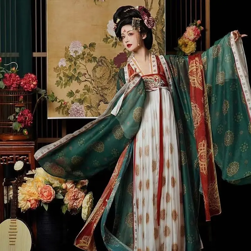 

Женская рубашка с большими рукавами Sheng Tang Princess Hanfu в китайском стиле с вышивкой династии Тан и нагрудной юбкой