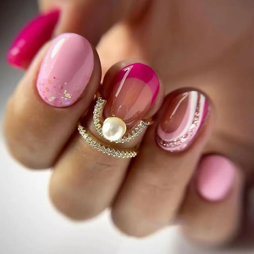 

Long Oval False Nails Fashion Pink Wavy Colorful Fake Nails Full Cover French Nail Tips for DIY