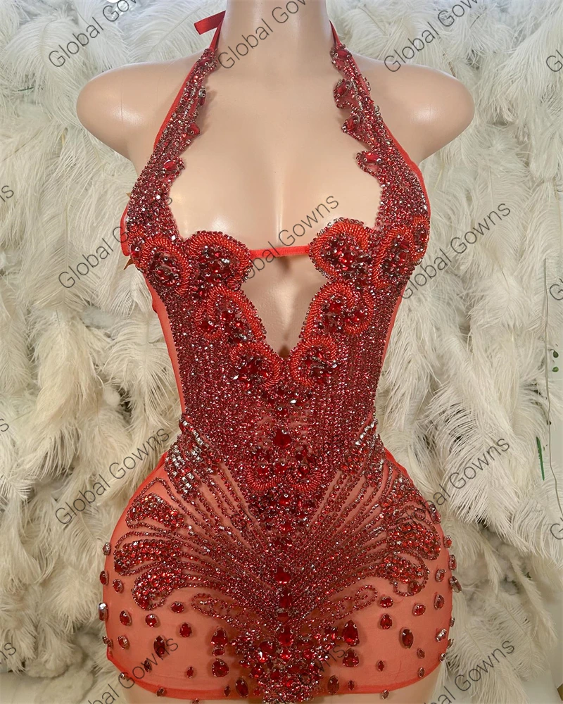Red Diamonds Halter Short Prom Dresses Black Girls Sparkly Bead Rhinestone Crystal Birthday Mini Cocktail Party Dress Robe De