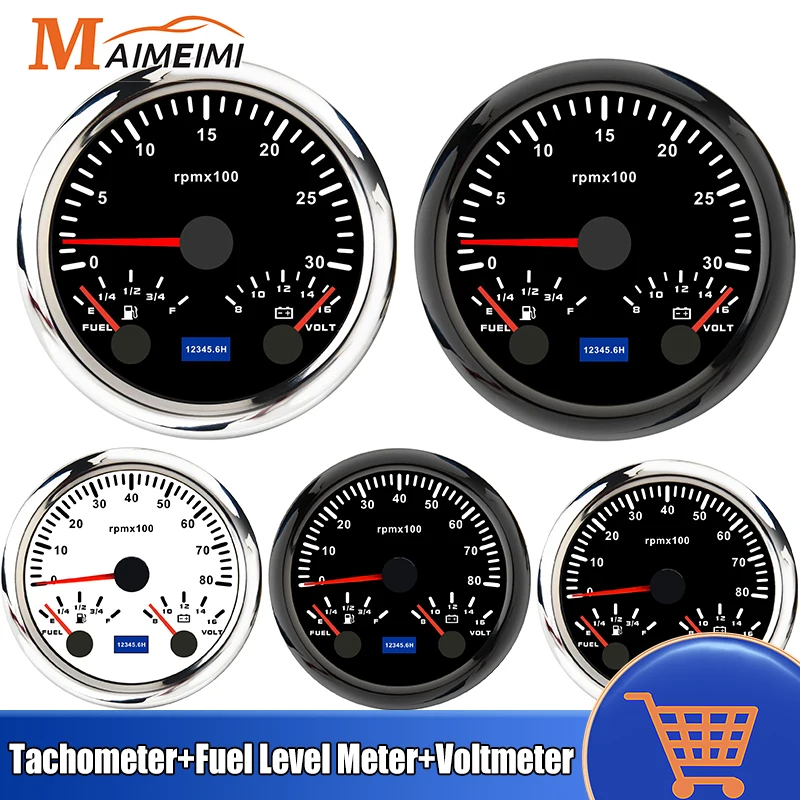 

85mm 3 in 1 Gauge 7 Color Backlight Tachometer+Fuel Level Meter+Voltmeter For 12V 24V Car Marine Boat Tacho 3000/6000/8000RPM