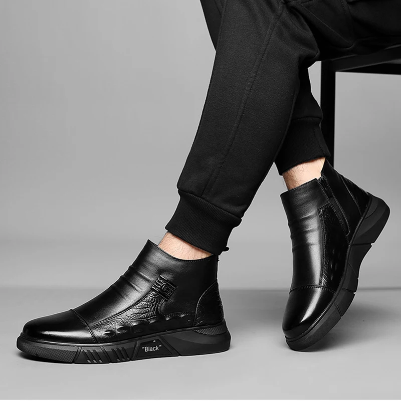 Winter Men Ankle Boots Crocodiles Pattern Fashion HighTop British Style Ninja Plush Cotton Shoes