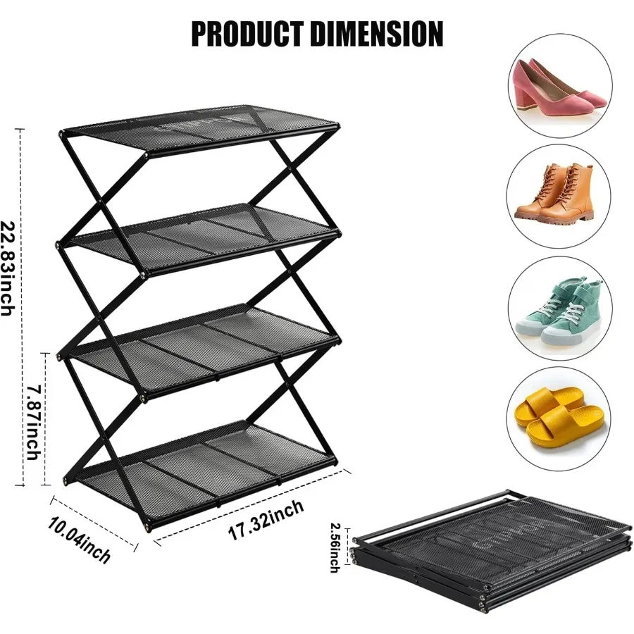Shoe Rack for Entryway 4 Tier Foldable Shoe Rack Without Assembly Collapsible Metal Shoe Organizer Folding Shoe Storage Rack fo