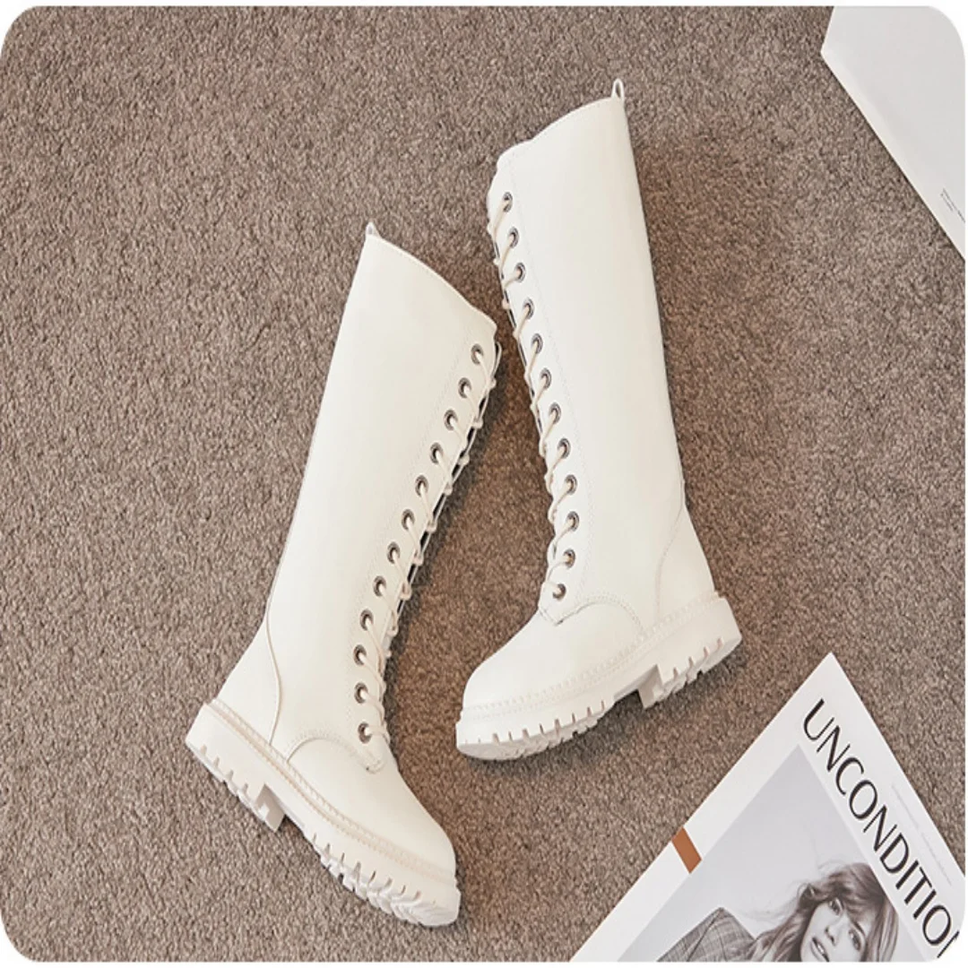 Kids'Boots 솔리드 컬러 PU 가죽 패션 봄 무릎 높이 부츠 소녀용 미끄럼 방지 통기성 블랙 화이트 신발 사이즈 27-37