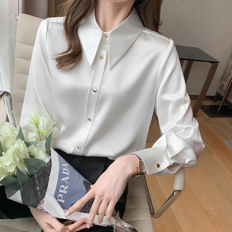 Korean Silk Women Shirts Satin Blouses 