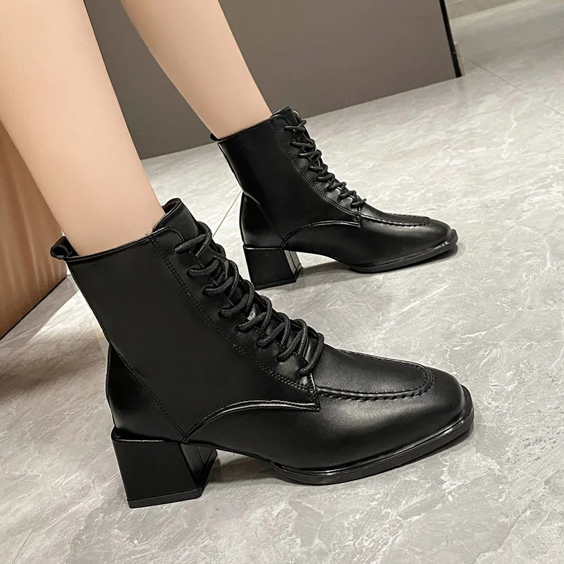 Autumn Women Boots Square Toe Chunky Heel Boots for Women PU Leather Shoes Woman Black Ankle Boots Ladies Casual Shoes