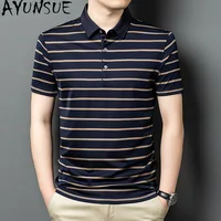 AYUNSUE Polos en Soie de Mûrier 100% Véritable Luxe Été 2026 T-shirt Rayé Tendance Décontracté à Manches Courtes Homme 2