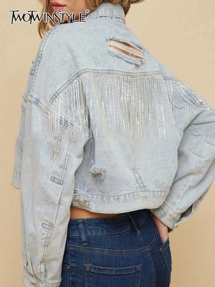 

TWOTWINSTYLE Spliced Tassel Hole Hollow Out Denim Jackets For Women Lapel Long Sleeve Single Breasted Loose Short Jacket Female