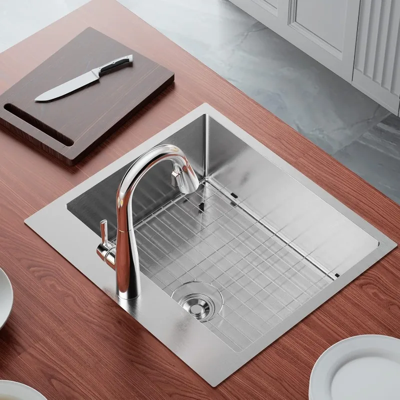25 Inch Top mount Kitchen Sink Drop-in, Farmhouse Kitchen Sink with Sink Protector 18 Gauge, Workstation Sink, 4