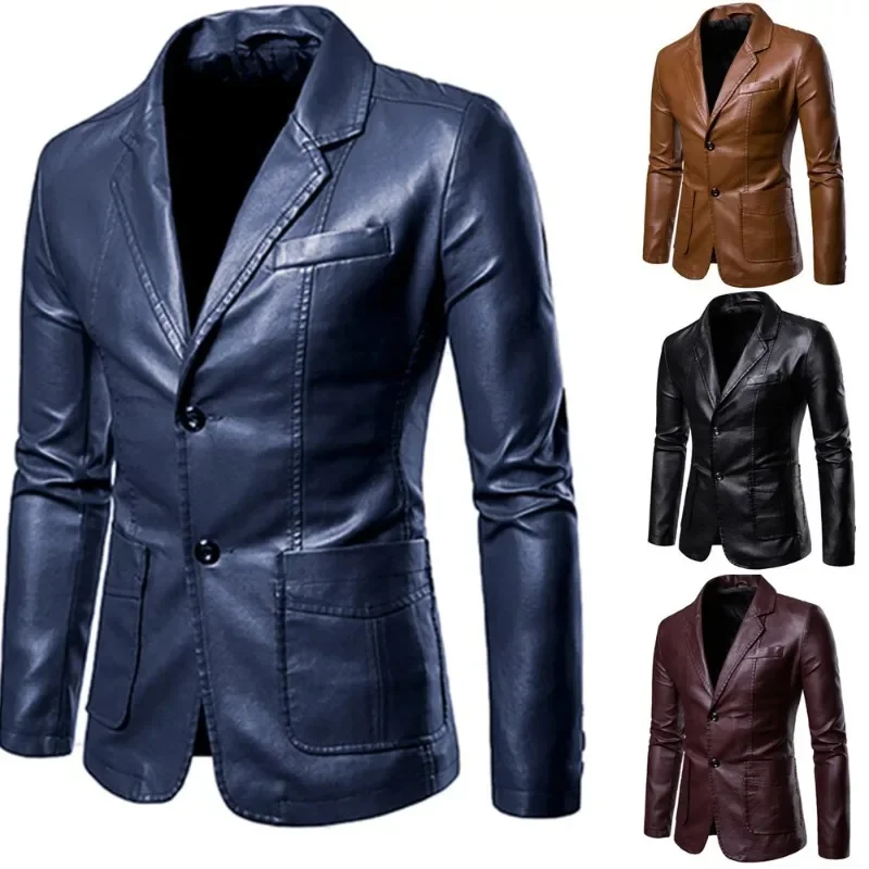 Leather Blazer Man Spring Autumn Fashion Men's Leather Jacket Dress Suit Coat Male Business Casual Pu Black Blazers Jacket