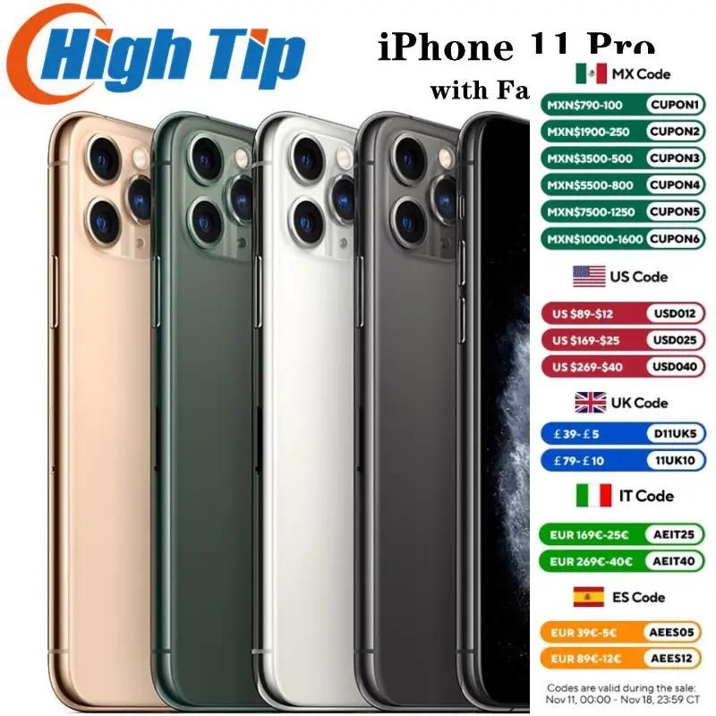 Unlocked Apple iPhone 11 pro 64GB 256GB 512GB ROM A13 Bionic chip 4G LTE 5.8 Screen 12MP+12MP Face ID cell phone