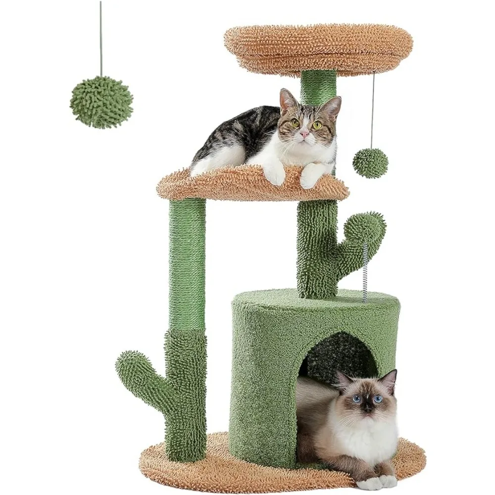 Cat Tree 32 Inches Cactus Cat Tower with Sisal Covered Scratching Post, Cozy Condo,Plush Perches and Fluffy Balls cat furniture 1