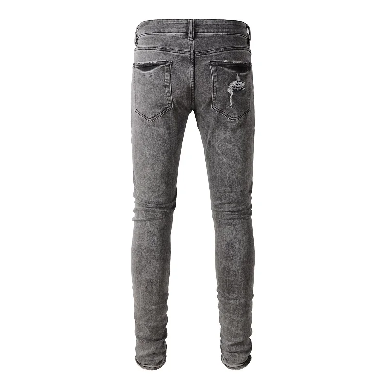 Men Bandana Paisley Print Patches Jeans Gray Stretch Denim Skinny Tapered Pants Holes Ripped Distressed Trousers