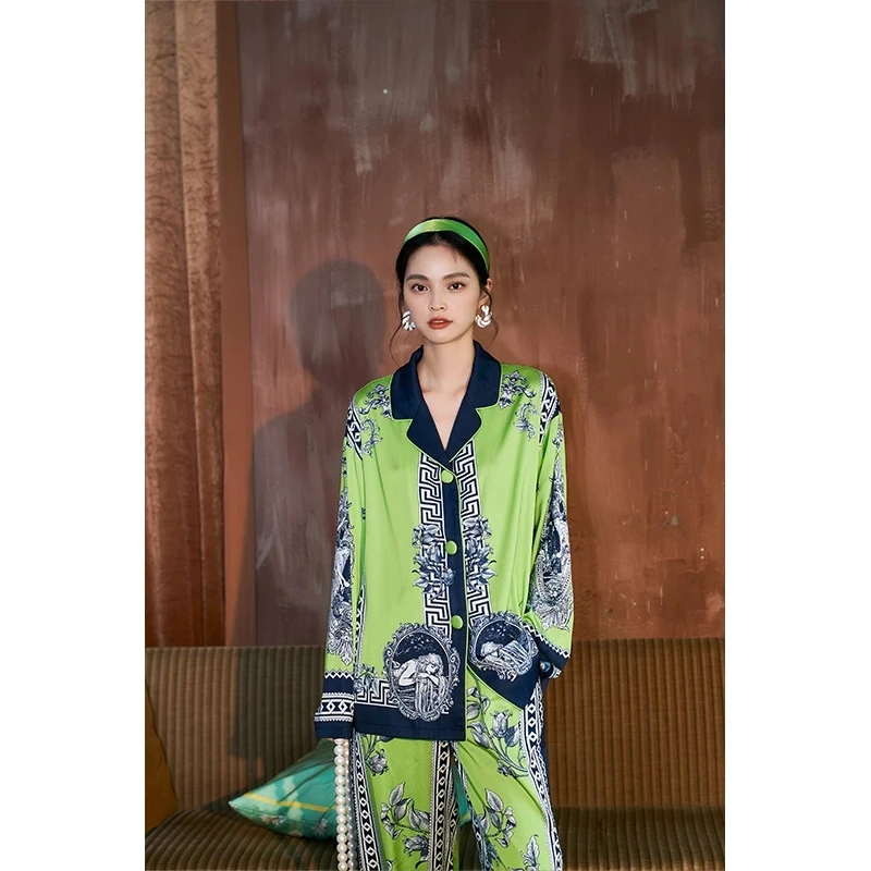 Spring Silk Pajamas for Female Satin Vintage Printed Sleepwear 2 Pieces Set Long Sleeve Loose Luxury Women's Autumn Home Suit