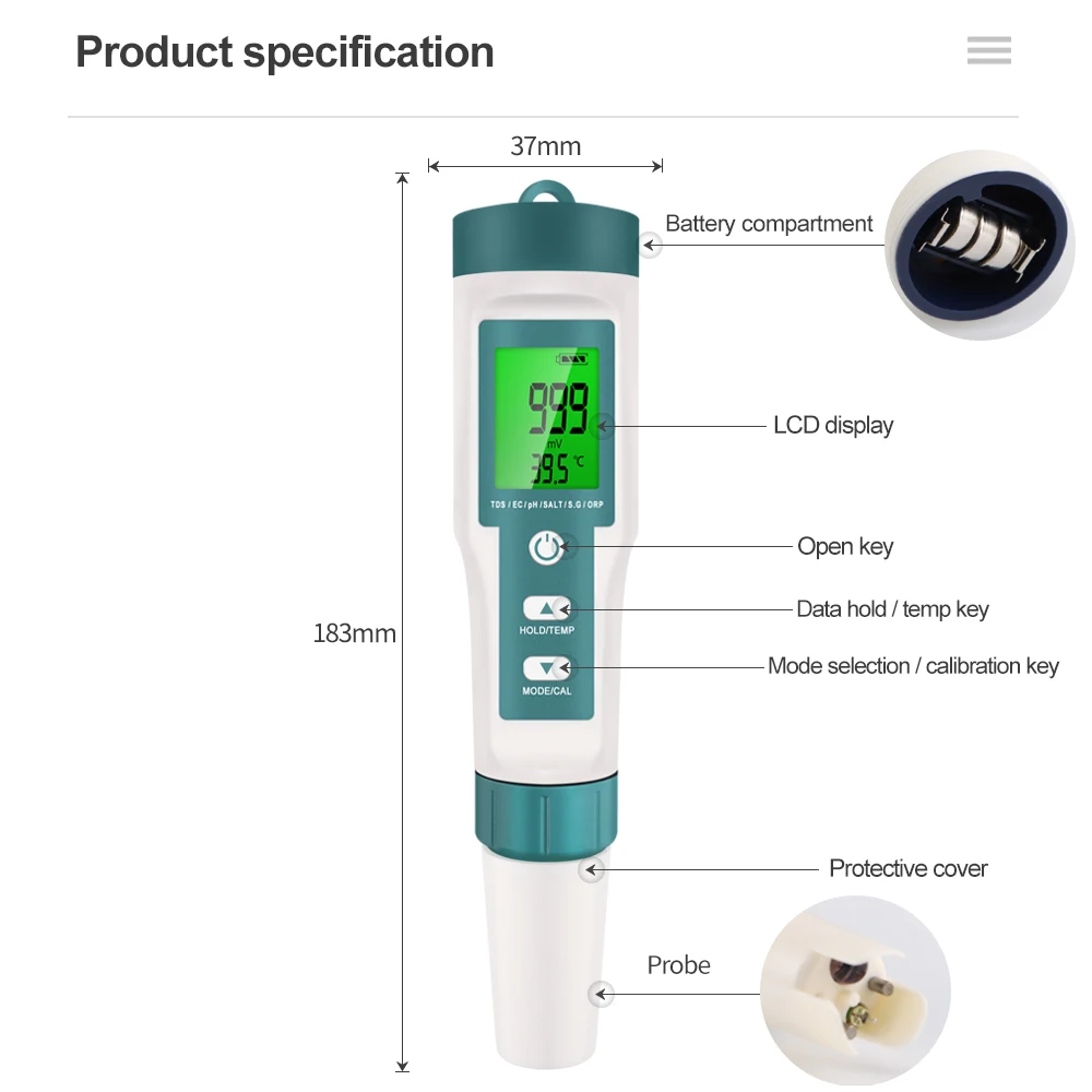Water Tester 7 in 1 PH TDS EC ORP Salinity S.G TEMP Meter Digital PH Tester C-600 Water Quality Tester for Drinking Water Aquariums