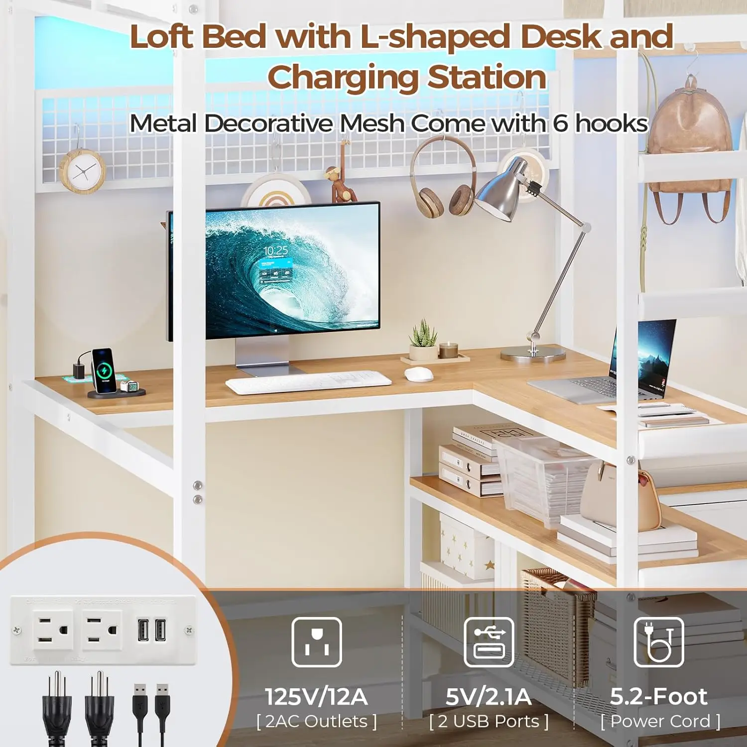 Twin Loft Bed with L-Shaped Desk Storage Shelves and Charging Station Twin Size Metal Loft Bed with LED Lights and Coat Rack wit