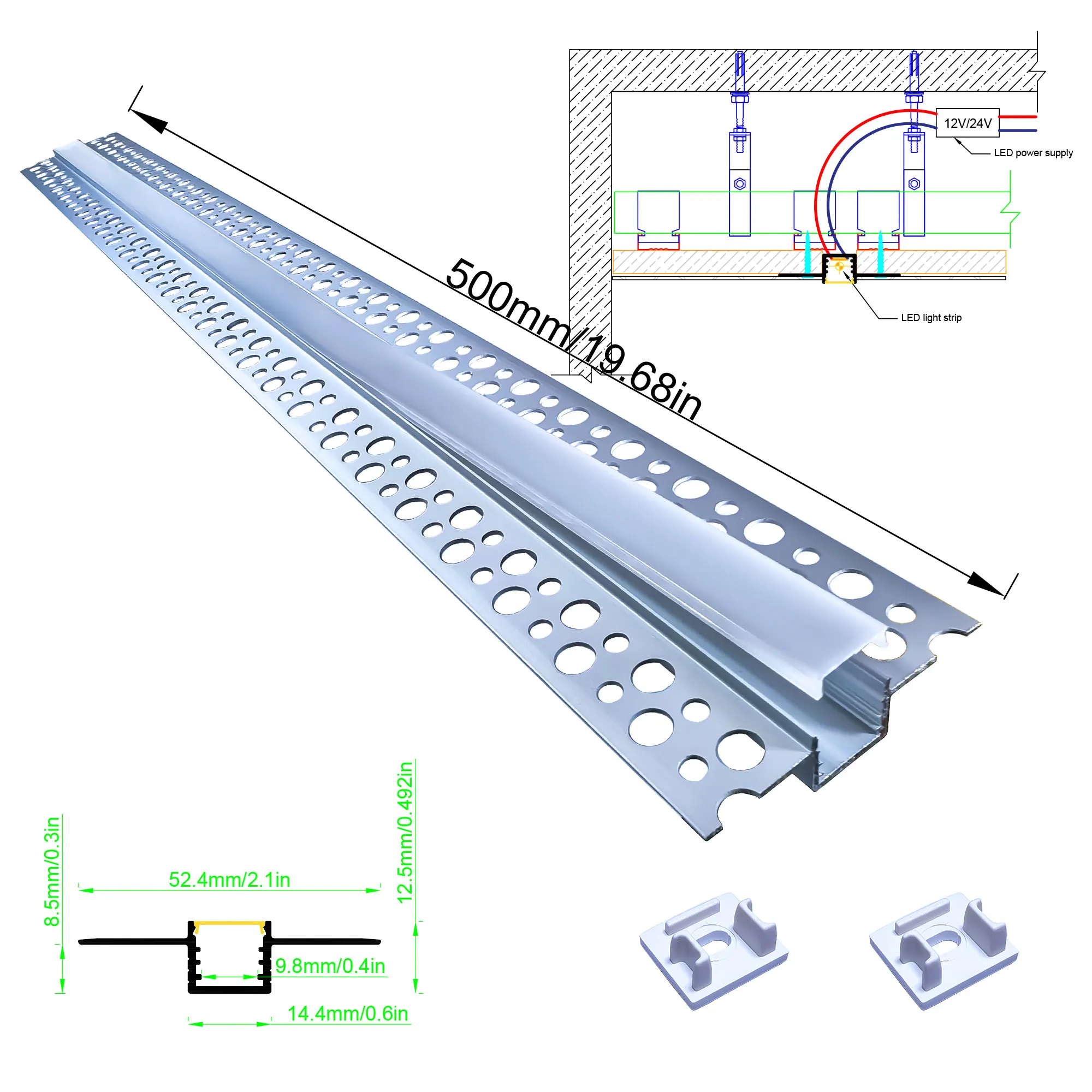 15x9mm LED Aluminum Channel Profile led aluminum channel led light 1PCS 0.5M for LED Strip Light with Embedded Installation