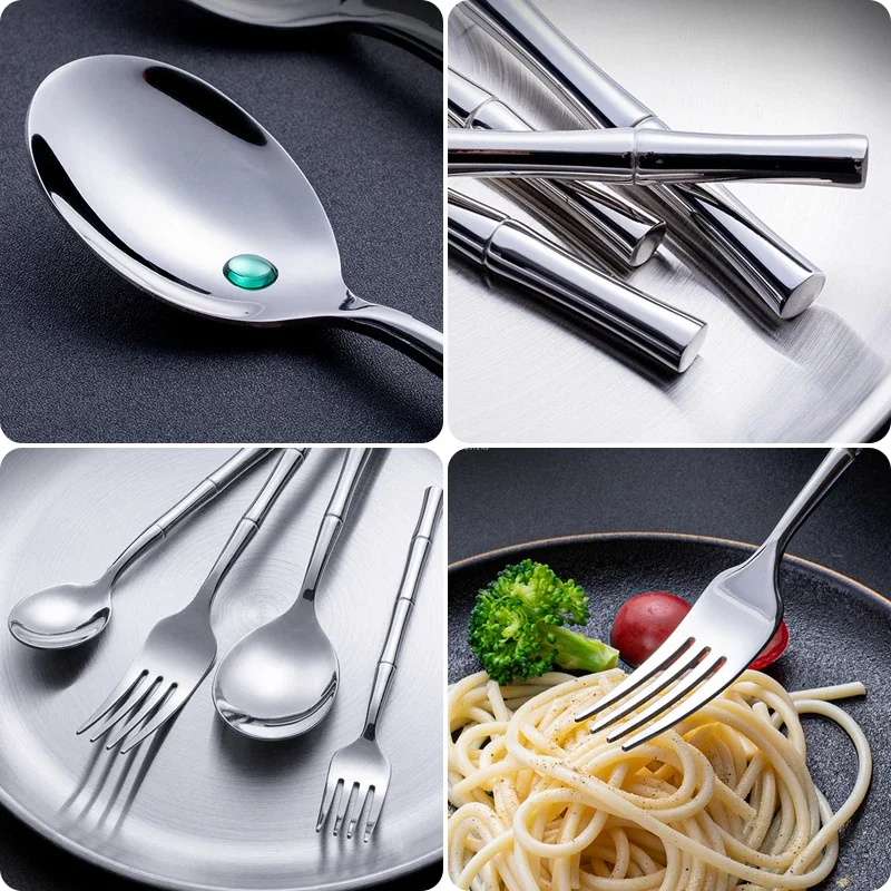 Creative Cutlery Bamboo Handle 304 Stainless Steel Western Tableware Steak Forks Spoon Dinnerware Flatware Dishwasher Safe