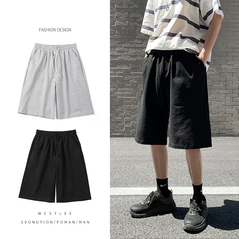 Summer New Y2K Solid Color Cotton Loose Men's Sports Pants Shorts Street Wear Simple Drawstring Straight Casual Shorts Male 4